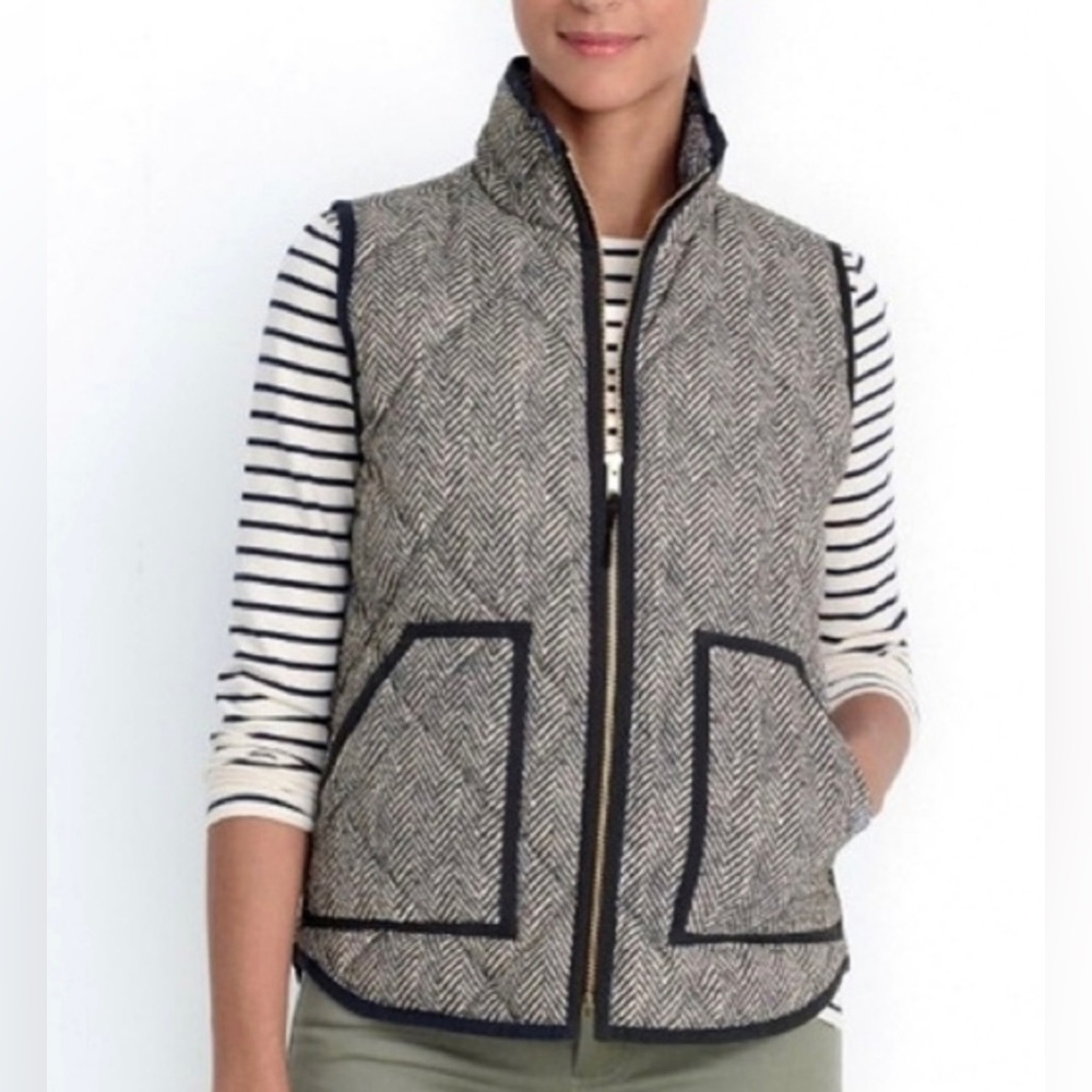 J. Crew Quilted Excursion Puffer Vest, cream& black herringbone, size S